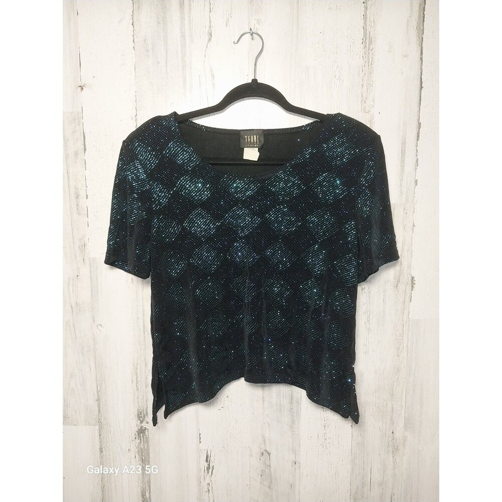 Teddi Evening Black Blue Sparkle Short Sleeve Top Size 10